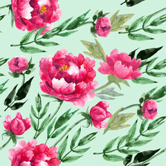 Watercolor seamless pattern with luxurious red and pink peonies on a light green background. Handmade illustration in the style of vintage Botanical watercolors