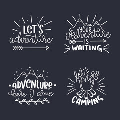 Fototapeta premium Set of Hand drawn Travel, Camping and Adventure phrases. Camping and adventure hand sketched typography design. Handwritten lettering.