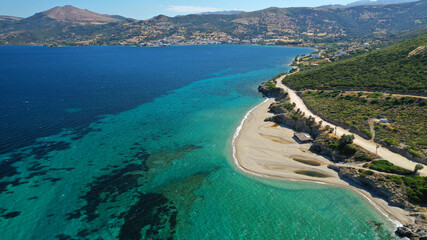 Aerial drone photo of famous big sand emerald sea beach or Megali Amos beach near seaside village...