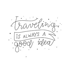 Time to Travel. Travel handdrawn doodle phrase. Camping and adventure hand sketched typography design. Handwritten lettering.