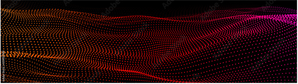 Poster abstract gradient dynamic wave of particles. network of bright points or dots. big data. digital bac