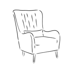Fototapeta premium Sketch chair in linear style, outline drawing in black on a white background. Upholstered furniture for sitting, relaxing. Silhouette. vector. upholstered chair, vector sketch illustration