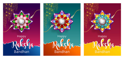 Decorated rakhi for Indian festival Raksha Bandhan Greeting Card ,indian festival with gold patterned and crystals on paper color Background.