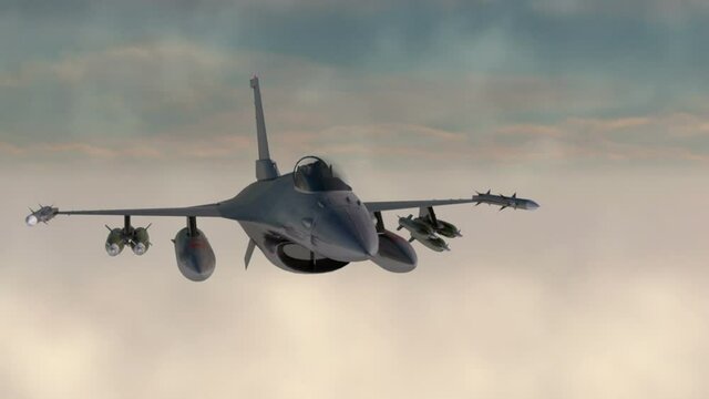 american military fighter plane.Jet plane. Fly in clouds. Wonderfull sunset. Realistic CG 3d animation