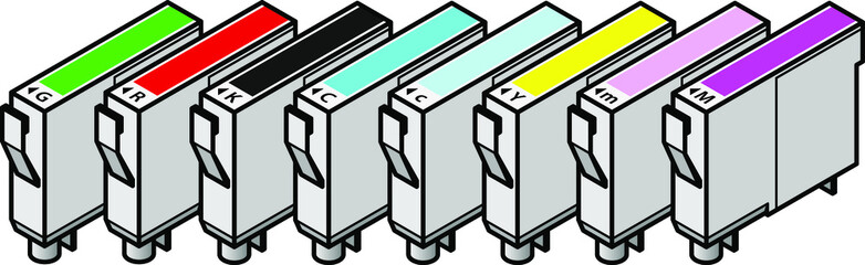 A set of inkjet printer cartridges - individual tanks of cyan, yellow, magenta and black; plus light/pale cyan, light/pale magenta, red and green - for 8-colour high-fidelity printing. - obrazy, fototapety, plakaty