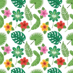 Zelfklevend Fotobehang Seamless colourful pattern with different tropical plowers and leafs. Vector illustration. © Jellicle