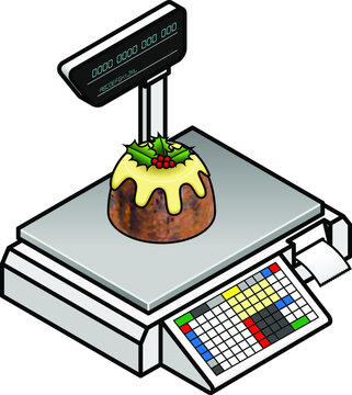 Christmas holidays retail concept: buying a plum pudding on a POS scales.