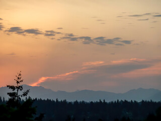 Silhouette of Cascade Range and forest during twilight hours on Mercer Island on a spring day.