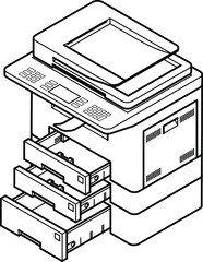 Line style drawing of a multifunction office laser printer. With 3 paper trays opened.
