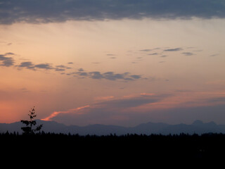 Silhouette of Northwest Cascade Range and forest during twilight hours on Mercer Island on a spring day.
