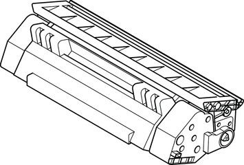 A laser printer toner cartridge in line drawing style.
