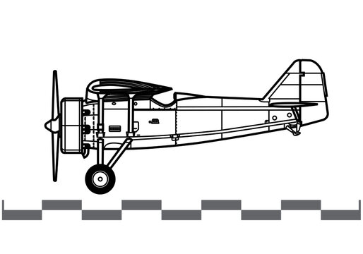 PZL P.7. World War 2 fighter aircraft. Side view. Image for illustration and infographics.