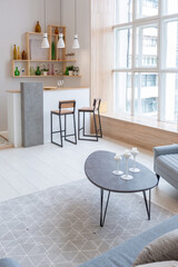 Luxury fashionable modern design studio apartment with a free layout in a minimal style. very bright huge spacious room with white walls and wooden elements. sitting area with fireplace