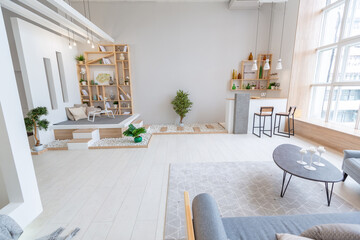 Luxury fashionable modern design studio apartment with a free layout in a minimal style. very bright huge spacious room with white walls and wooden elements. sitting area with fireplace