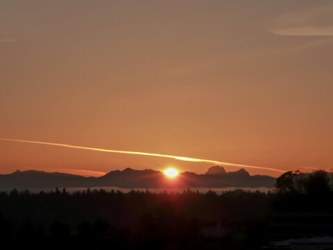 Bright sunlight and large contrail in the sky, and silhouette of the Cascade Range and forest in the foreground during sunrise on Mercer Island in Washington State.