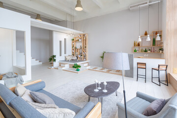 Luxury fashionable modern design studio apartment with a free layout in a minimal style. very bright huge spacious room with white walls and wooden elements. sitting area with fireplace
