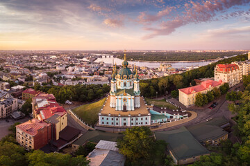 Aerial view of St Andrew's church in Kyiv, Ukraine