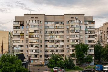 Fototapeta na wymiar Kiev (Kyiv), Ukraine - June 20, 2020: Residential building which was built in 1988