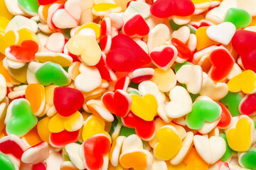 Juicy colorful jelly sweets. Gummy candies. Hearts.