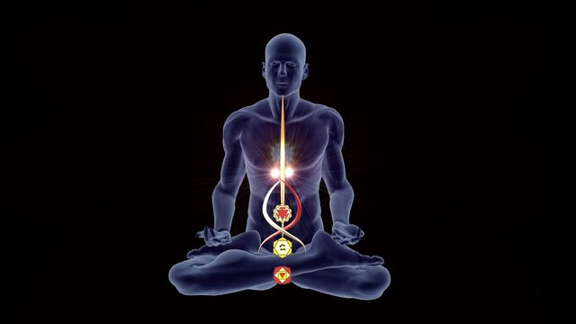 Man silhouette in an enlightened yoga meditation pose with spirals coiling along the spine highlighting the Hindu Chakras