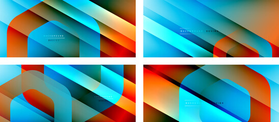 Set of hexagon geometric shapes and fluid gradients with 3d shadow and light straight lines, minimal abstract backgrounds