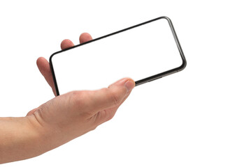 Smart phone in man hand isolated on white background.  White screen.