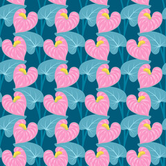 Seamless pattern of anthurium flowers and leaves