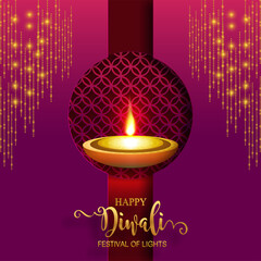 Diwali, Deepavali or Dipavali the festival of lights india with gold diya patterned and crystals on paper color Background.
