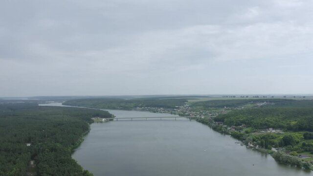 Aerial view of the wide river and bridge in the city of Belgorod, Russia