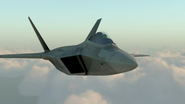 F -22 raptor , american military fighter plane.Jet plane. Fly in clouds. Wonderfull sunset. Realistic CG 3d animation