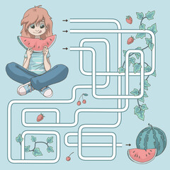 Labyrinth. Maze game for kids. Help cute cartoon girl to find path to the  watermellon. Vector illustration. Pink and turquoise pastel colors.