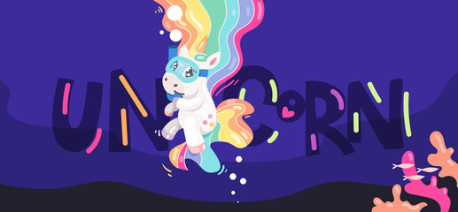 Cartoon color illustration. Unicorn underwater character and inscription on the dark background