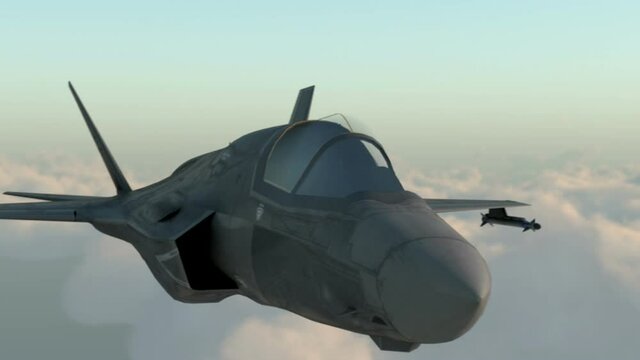 F 35 , american military fighter plane.Jet plane. Fly in clouds. Wonderfull sunset. Realistic CG 3d animation