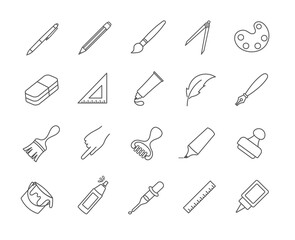 Large set of drawing and art icons with paint, brushes, pens, pencils, ruler, set square and compass in black and white vector line drawings or sketches for design elements