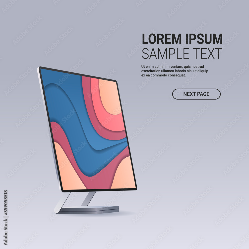 Poster modern computer monitor with colored screen realistic mockup gadgets and devices concept copy space 