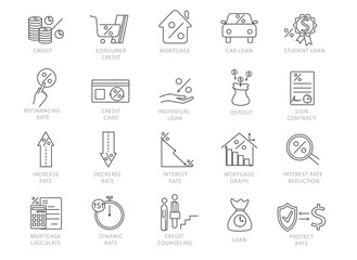 Large set of black and white credit and financial icons for banking, money, shopping, payment, sales and efficiency in black and white vector line drawings