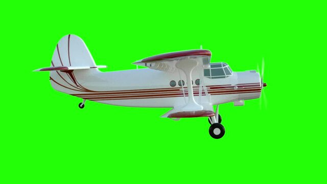 The antonov An-2 bi-plane. Old white plane. Realistic physics animation, realistic reflections and motions. Global illumination render. Green screen footage.