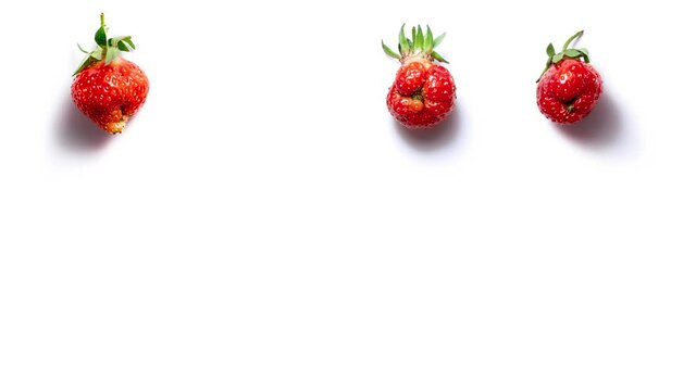 Trendy ugly food fresh red strawberry stop motion animation at the top on white isolated background with hard shadows. Misshapen produce, food waste problem concept