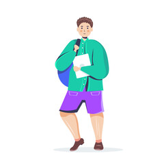 guy with backpack holding book student in casual trendy clothes male cartoon character standing pose full length isolated vector illustration