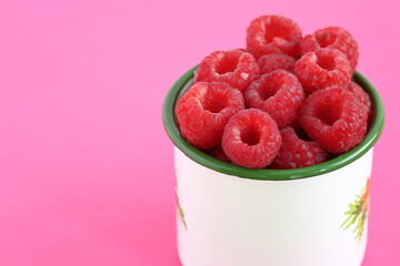 raspberries in a white mug with thin green round macro close up isolated on pink background copy space
