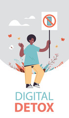 man holding banner with sign prohibiting use smartphone digital detox concept gadget in crossed-out sign healthy lifestyle vertical full length vector illustration