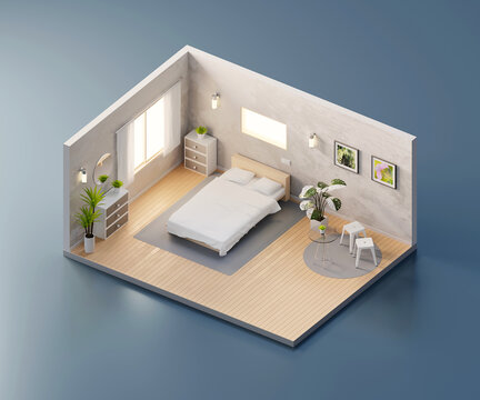 Isometric View Bed Room Open Inside Interior Architecture, 3d Rendering.