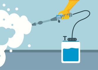 disinfect and clean activity with hand using sprayer machine