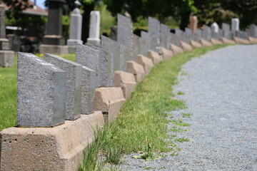 Titanic cemetery in Halifax on a spring day, tombstones, closeup