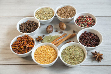Dry seasonings and spices against a dark background view from the top.