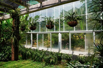 pots of flowers hung in the greenhouse of the park