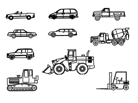 The drawing shows cars, tractors, bulldozers, loaders, and concrete mixers.