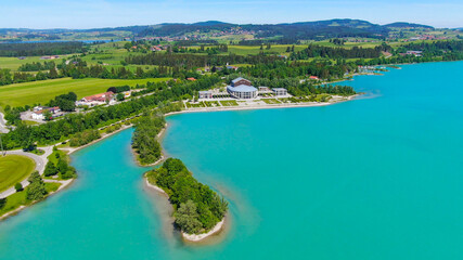 Aerial view over Lake Forggensee at the city of Fuessen in Bavaria Germany