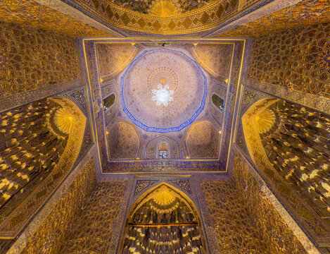 SAMARKAND, UZBEKISTAN - APRIL 27, 2018: Cupola of Gur-e Amir Mausoleum in Samarkand, Uzbekistan