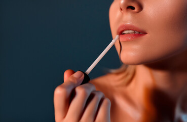 Fototapeta premium Beautiful woman with lipstick on a gray background.